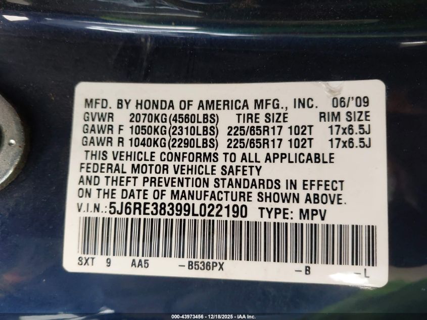 2009 Honda Cr-V Lx VIN: 5J6RE38399L022190 Lot: 43973456