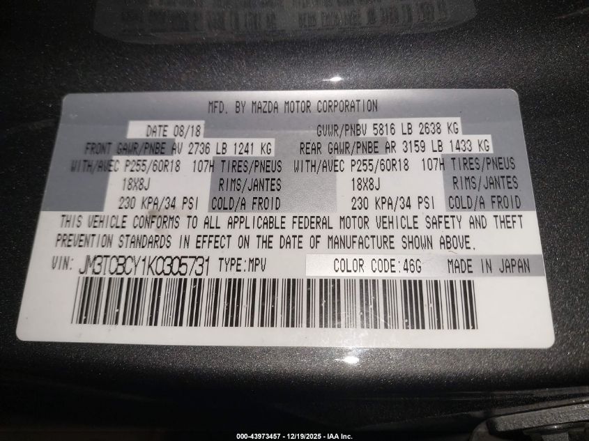 2019 Mazda Cx-9 Touring VIN: JM3TCBCY1K0305731 Lot: 43973457