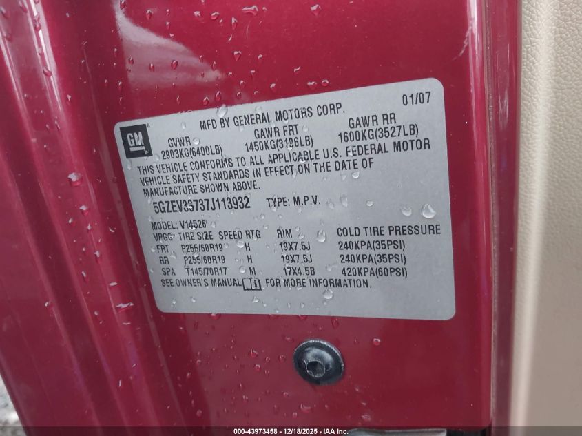 2007 Saturn Outlook Xr VIN: 5GZEV33737J113932 Lot: 43973458