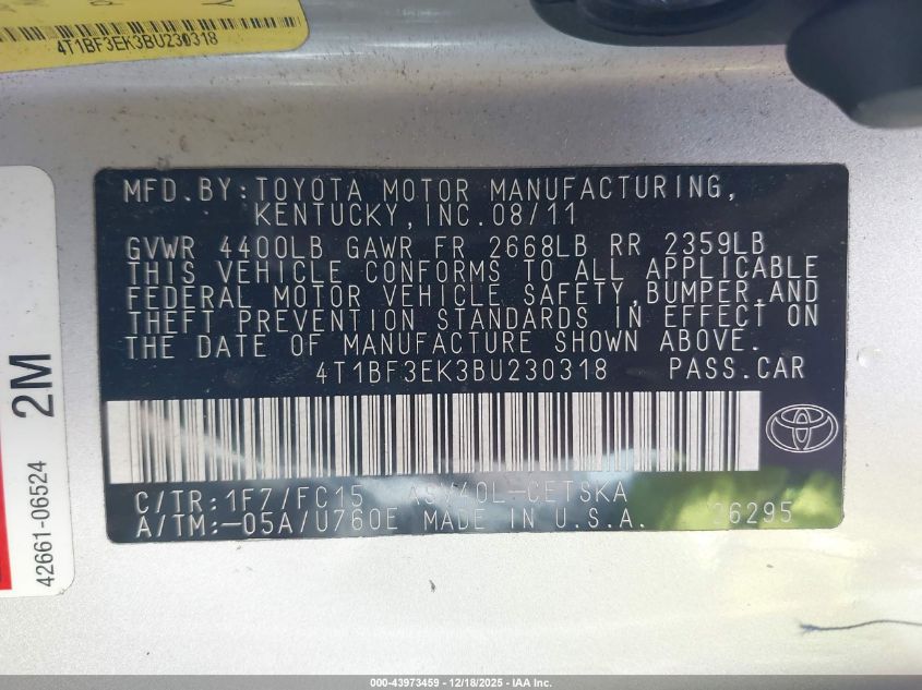 2011 Toyota Camry Se VIN: 4T1BF3EK3BU230318 Lot: 43973459