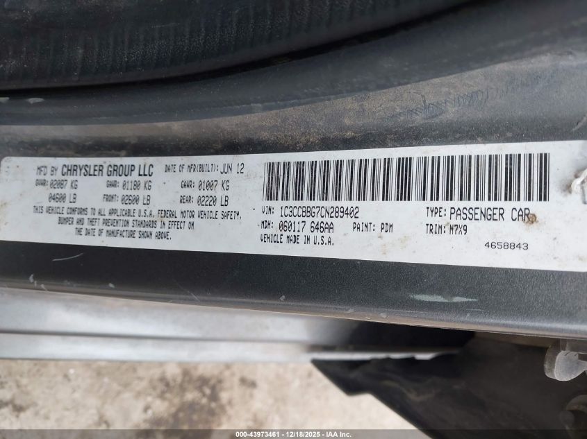 2012 Chrysler 200 Touring VIN: 1C3CCBBG7CN289402 Lot: 43973461