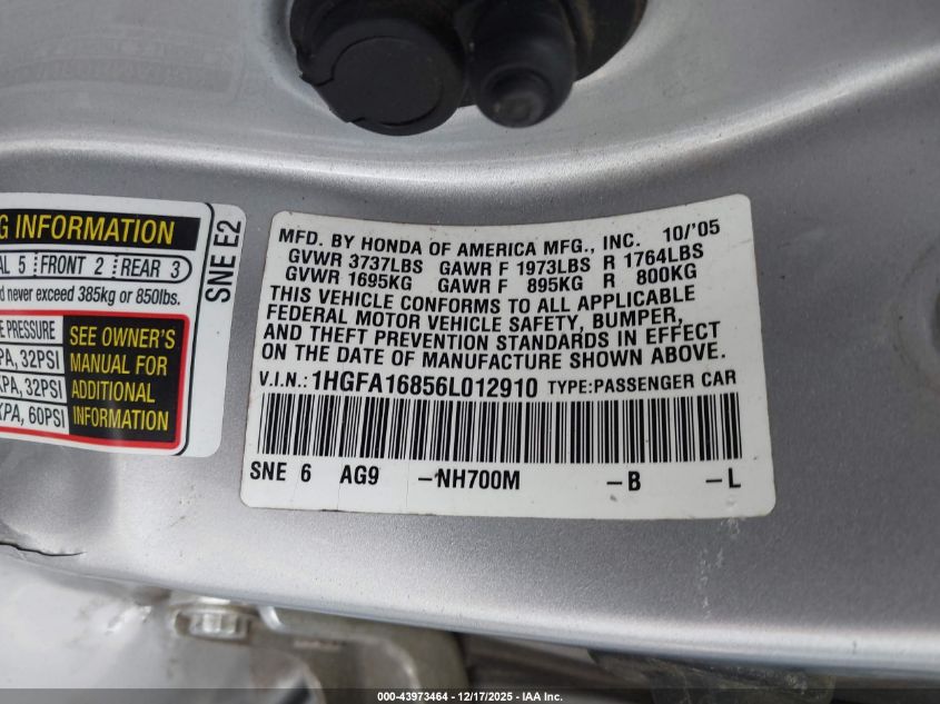 2006 Honda Civic Ex VIN: 1HGFA16856L012910 Lot: 43973464