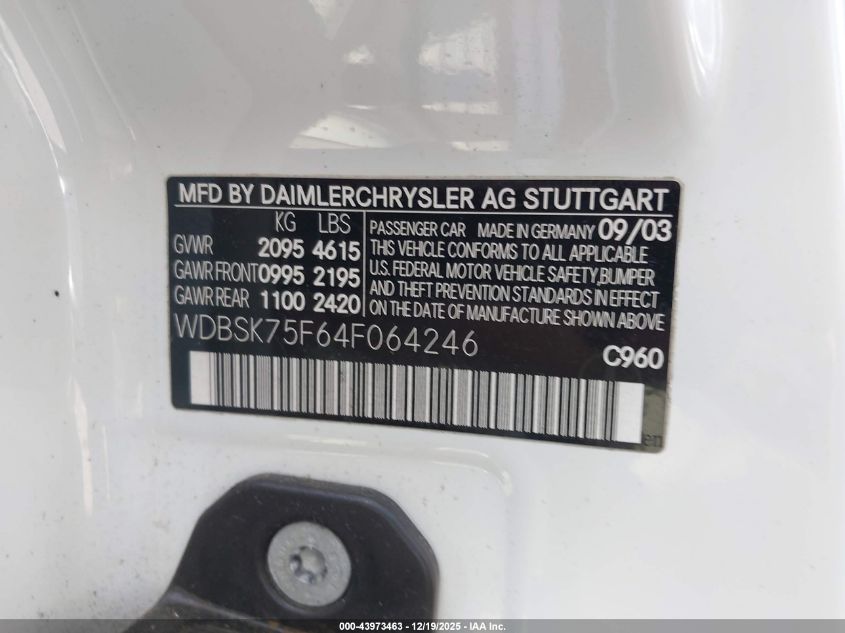 2004 Mercedes-Benz Sl 500 VIN: WDBSK75F64F064246 Lot: 43973463