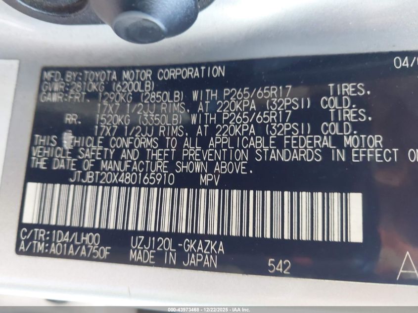 2008 Lexus Gx 470 VIN: JTJBT20X480165910 Lot: 43973468