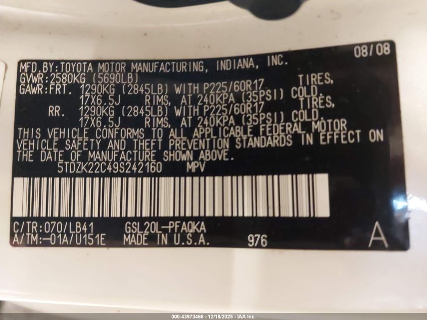 2009 Toyota Sienna Xle VIN: 5TDZK22C49S242160 Lot: 43973466