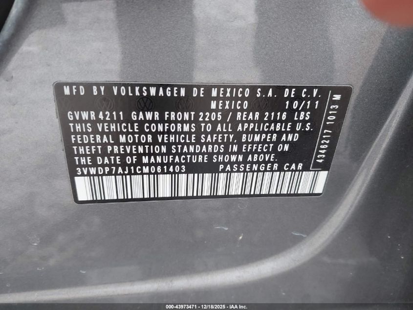 2012 Volkswagen Jetta 2.5L Se VIN: 3VWDP7AJ1CM061403 Lot: 43973471