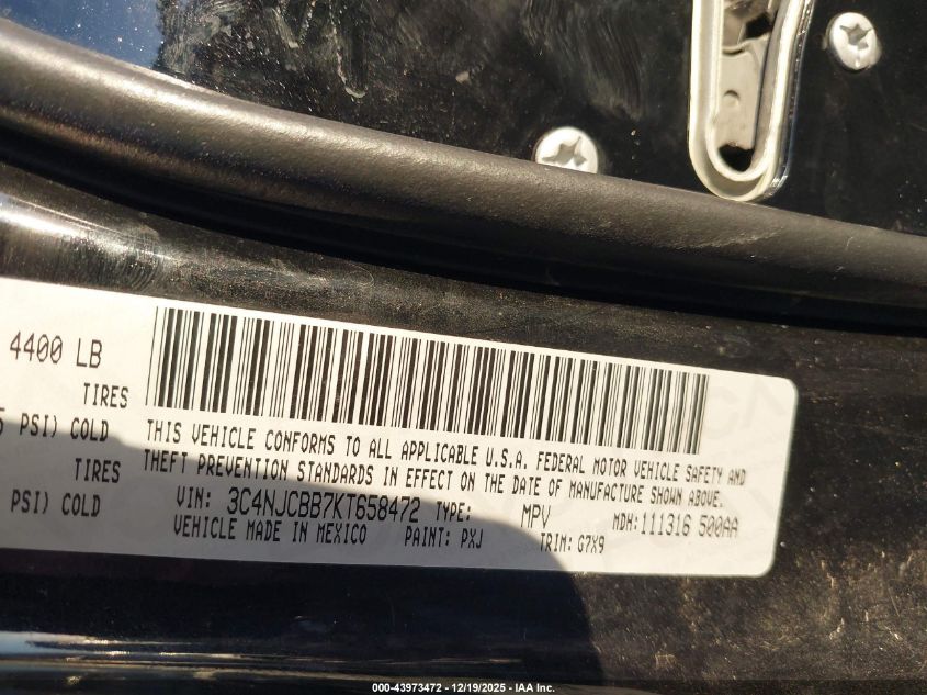 2019 Jeep Compass Latitude Fwd VIN: 3C4NJCBB7KT658472 Lot: 43973472