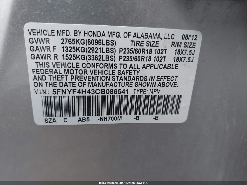 2012 Honda Pilot Ex VIN: 5FNYF4H43CB086541 Lot: 43973473