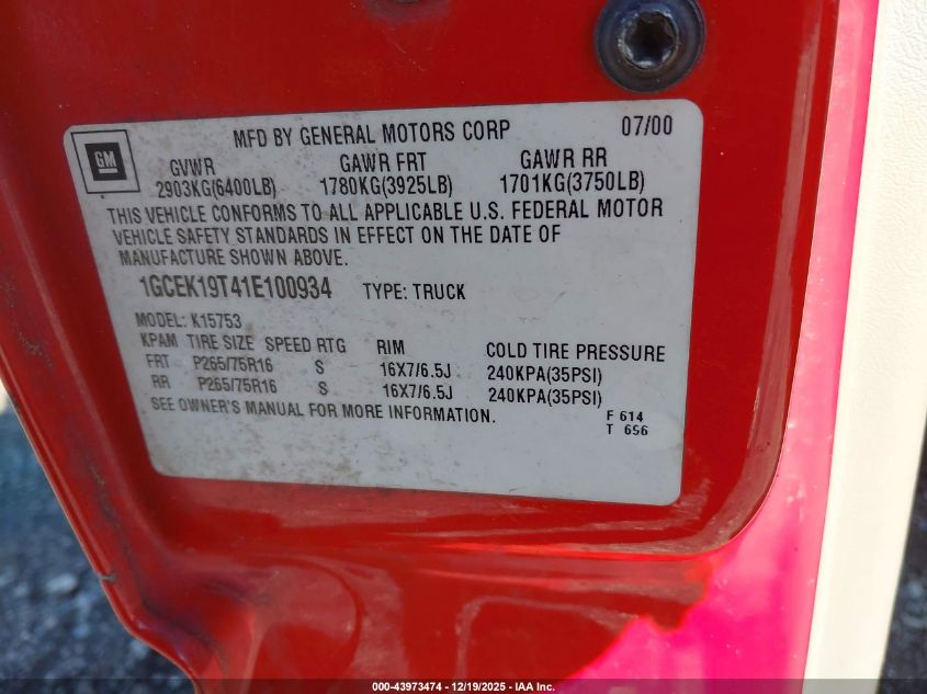 2001 Chevrolet Silverado 1500 Lt VIN: 1GCEK19T41E100934 Lot: 43973474