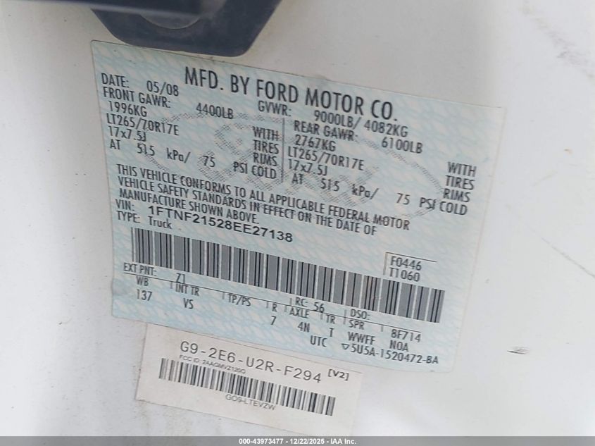2008 Ford F-250 Xl VIN: 1FTNF21528EE27138 Lot: 43973477