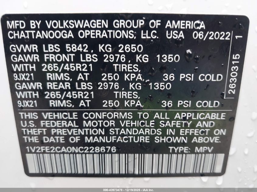 2022 Volkswagen Atlas Cross Sport 3.6L V6 Sel Premium R-Line VIN: 1V2FE2CA0NC228676 Lot: 43973478