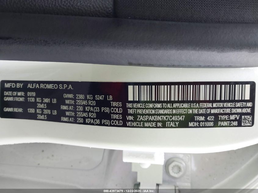 2019 Alfa Romeo Stelvio Ti Sport Awd VIN: ZASPAKBN7K7C49347 Lot: 43973479