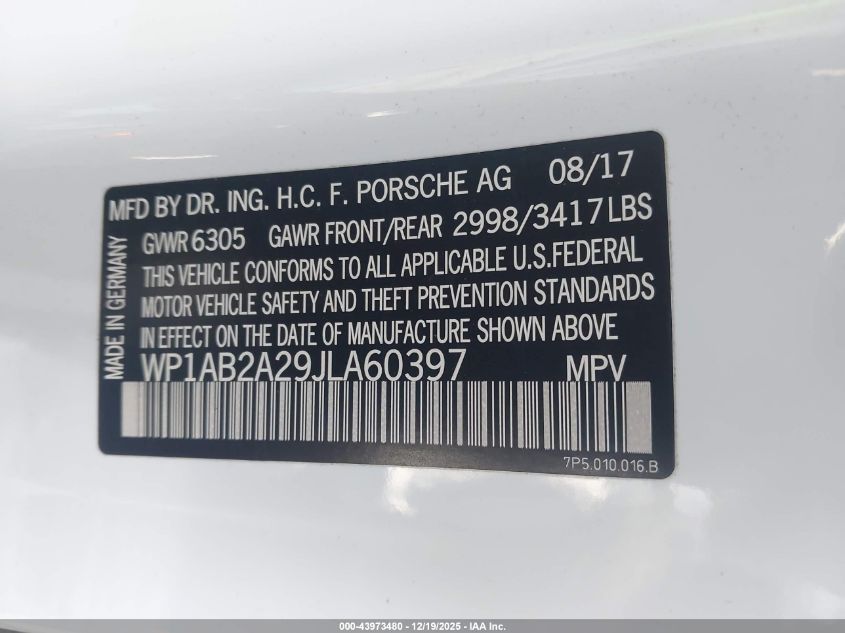 2018 Porsche Cayenne S VIN: WP1AB2A29JLA60397 Lot: 43973480