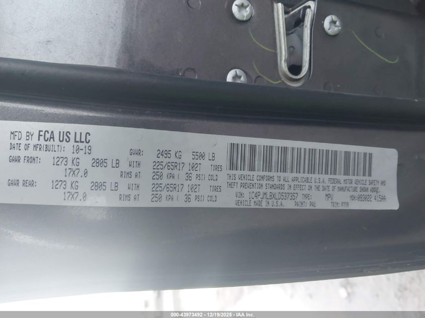 2020 Jeep Cherokee Latitude Plus 4X4 VIN: 1C4PJMLBXLD537357 Lot: 43973492