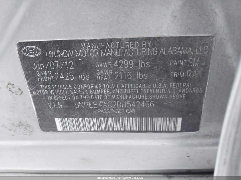 2013 Hyundai Sonata Gls VIN: 5NPEB4AC2DH542466 Lot: 43973502