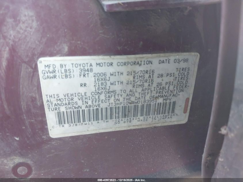 1998 Toyota Rav4 VIN: JT3HP10V4W0183951 Lot: 43973523