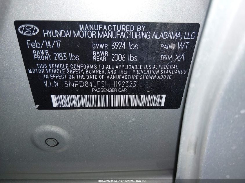 2017 Hyundai Elantra Se VIN: 5NPD84LF5HH192323 Lot: 43973524