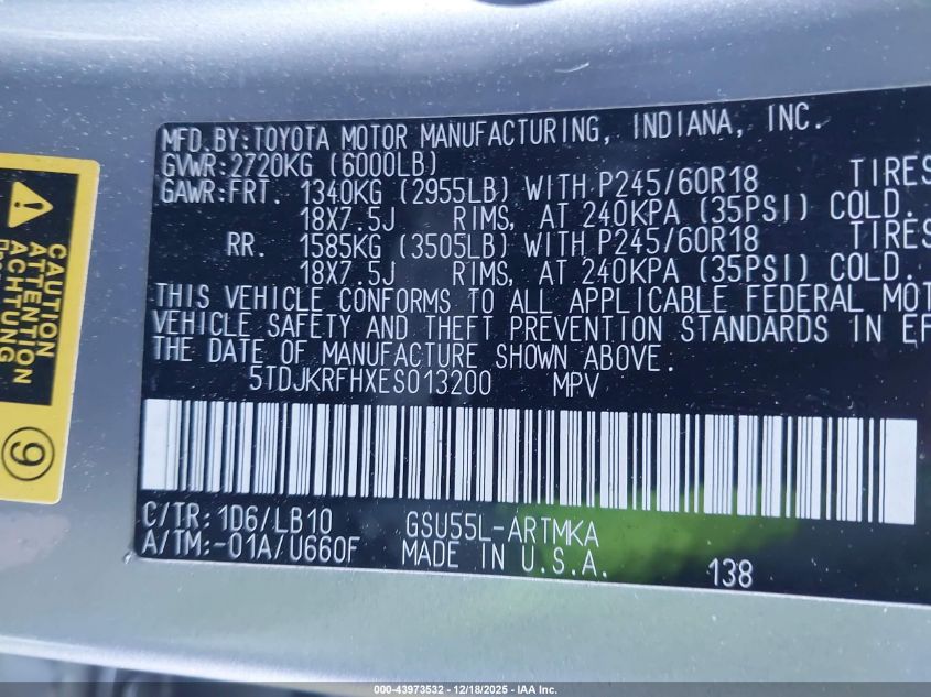 2014 Toyota Highlander Xle V6 VIN: 5TDJKRFHXES013200 Lot: 43973532