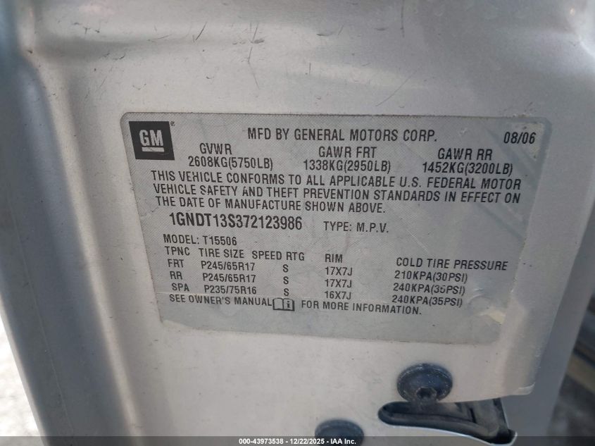 2007 Chevrolet Trailblazer Ls VIN: 1GNDT13S372123986 Lot: 43973538