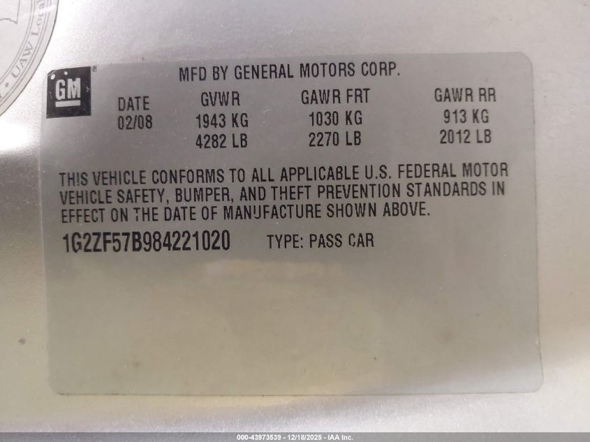 2008 Pontiac G6 Value Leader VIN: 1G2ZF57B984221020 Lot: 43973539