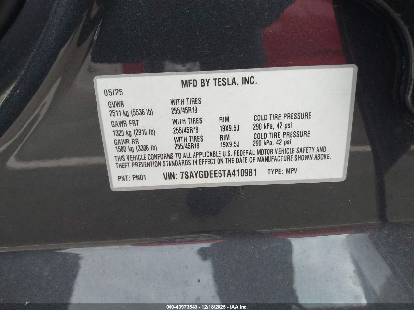 2026 Tesla Model Y Long Range Launch Series/Premium All-Wheel Drive VIN: 7SAYGDEE6TA410981 Lot: 43973540