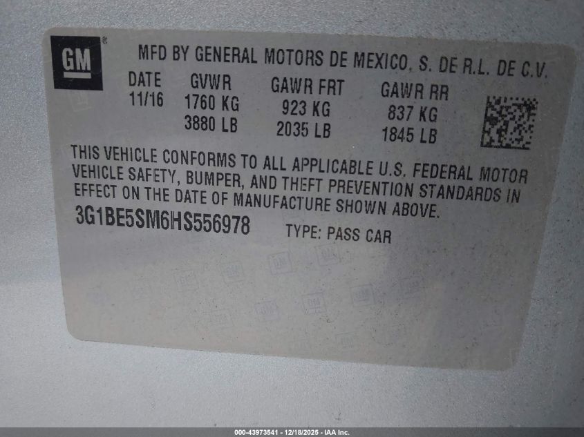 2017 Chevrolet Cruze Lt Auto VIN: 3G1BE5SM6HS556978 Lot: 43973541