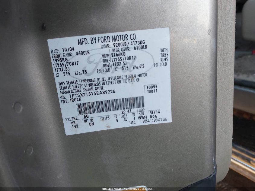 2005 Ford F-250 Lariat/Xl/Xlt VIN: 1FTSX21515EA89226 Lot: 43973545