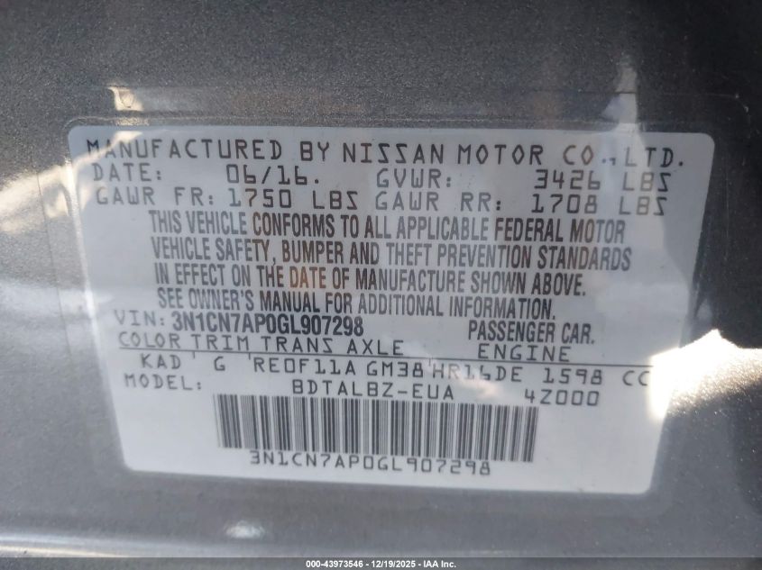 2016 Nissan Versa 1.6 S/1.6 S+/1.6 Sl/1.6 Sv VIN: 3N1CN7AP0GL907298 Lot: 43973546