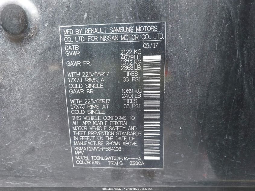 2017 Nissan Rogue Sv VIN: KNMAT2MV1HP584103 Lot: 43973547