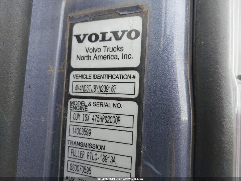 2000 Volvo Vn VIN: 4V4ND3TJ8YN239167 Lot: 43973549