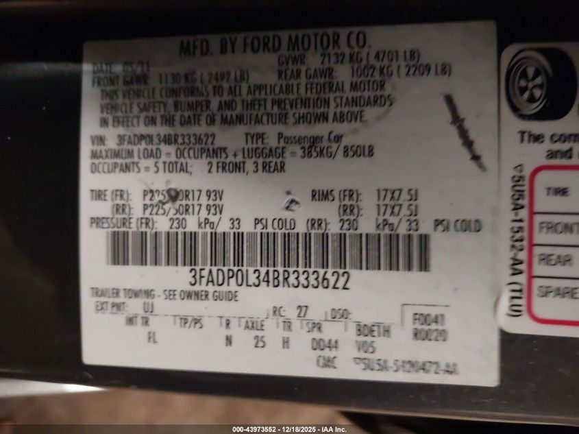 2011 Ford Fusion Hybrid VIN: 3FADP0L34BR333622 Lot: 43973552