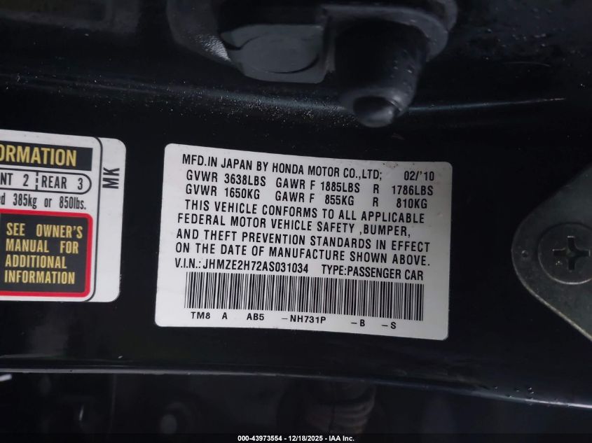 2010 Honda Insight Ex VIN: JHMZE2H72AS031034 Lot: 43973554