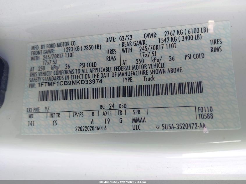 2022 Ford F-150 Xl VIN: 1FTMF1CB9NKD33974 Lot: 43973559