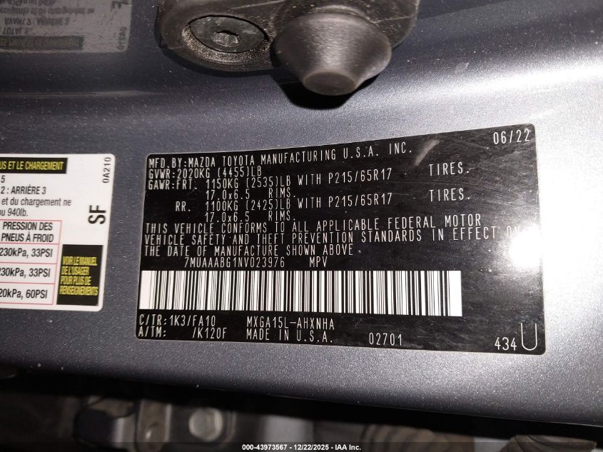 2022 Toyota Corolla Cross L VIN: 7MUAAABG1NV023976 Lot: 43973567