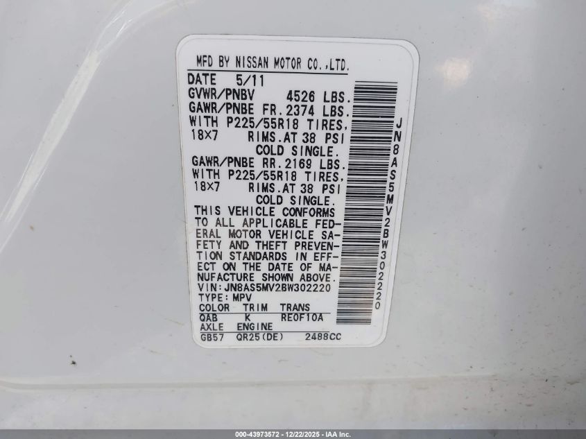 2011 Nissan Rogue Sv VIN: JN8AS5MV2BW302220 Lot: 43973572