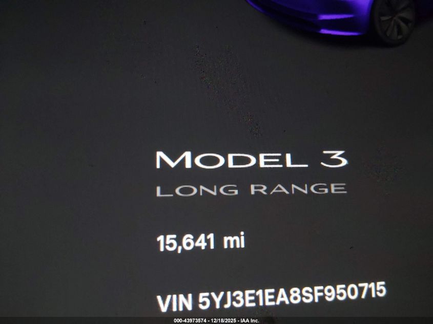 2025 Tesla Model 3 Long Range Rear-Wheel Drive/Standard Rear-Wheel Drive VIN: 5YJ3E1EA8SF950715 Lot: 43973574