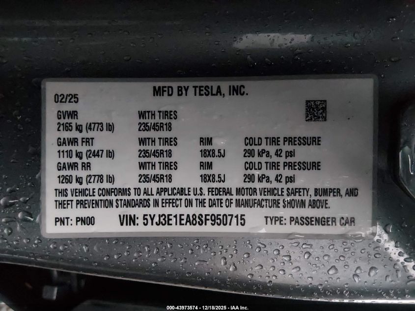 2025 Tesla Model 3 Long Range Rear-Wheel Drive/Standard Rear-Wheel Drive VIN: 5YJ3E1EA8SF950715 Lot: 43973574