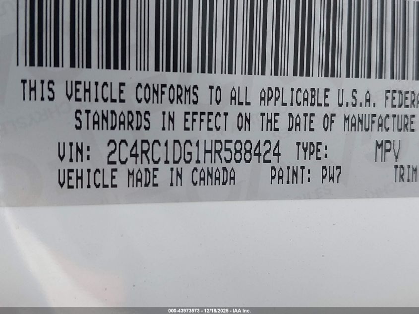 2017 Chrysler Pacifica Touring VIN: 2C4RC1DG1HR588424 Lot: 43973573