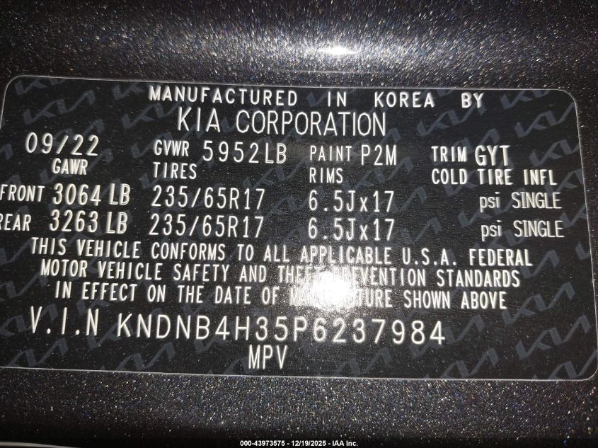 2023 Kia Carnival Mpv Lx Seat Package VIN: KNDNB4H35P6237984 Lot: 43973575