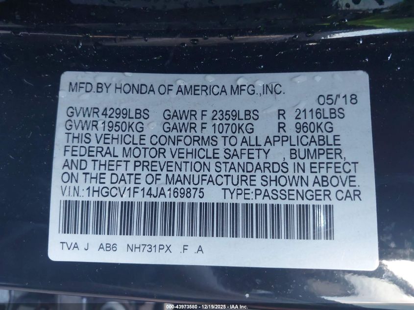 2018 Honda Accord Lx VIN: 1HGCV1F14JA169875 Lot: 43973580