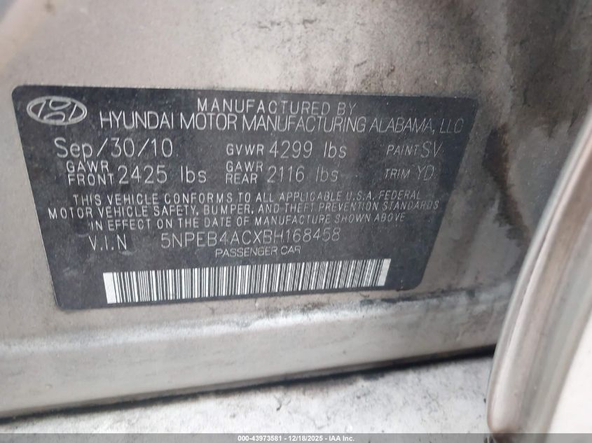 2011 Hyundai Sonata Gls VIN: 5NPEB4ACXBH168458 Lot: 43973581