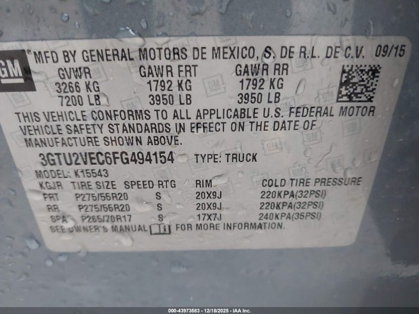 2015 GMC Sierra 1500 Slt VIN: 3GTU2VEC6FG494154 Lot: 43973583