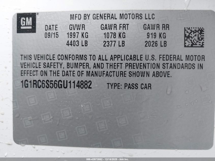 2016 Chevrolet Volt Lt VIN: 1G1RC6S56GU114882 Lot: 43973582