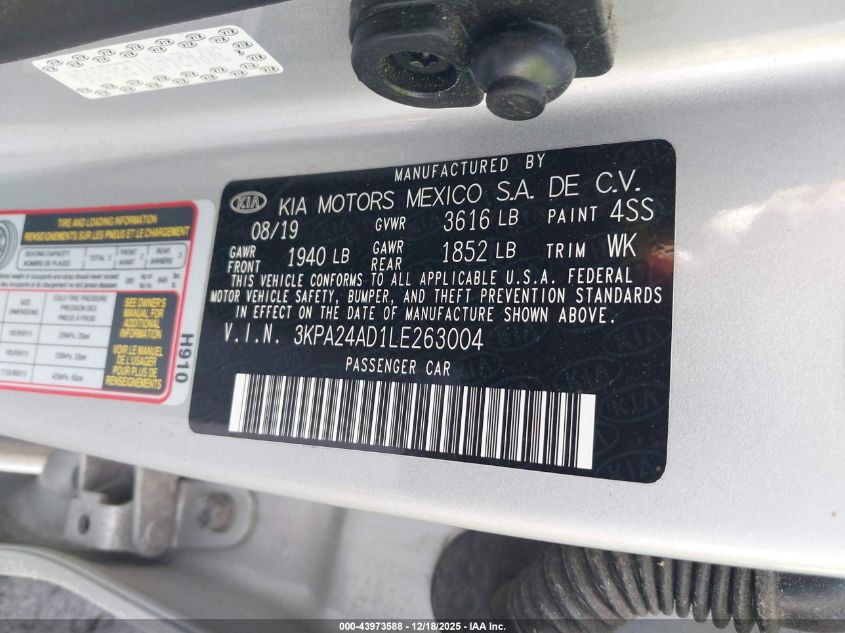 2020 Kia Rio S VIN: 3KPA24AD1LE263004 Lot: 43973588