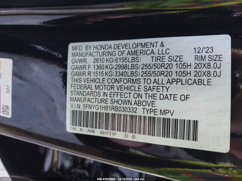 2024 Honda Pilot Elite VIN: 5FNYG1H81RB030332 Lot: 43973590