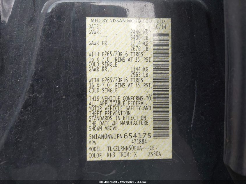 2015 Nissan Xterra S VIN: 5N1AN0NW1FN654175 Lot: 43973591