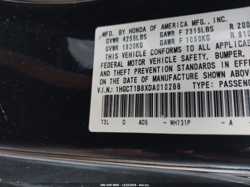 2013 Honda Accord Ex-L VIN: 1HGCT1B8XDA010288 Lot: 43973600