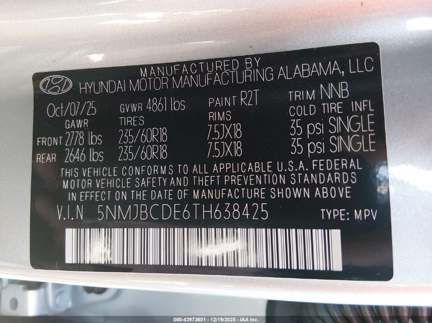 2026 Hyundai Tucson Sel VIN: 5NMJBCDE6TH638425 Lot: 43973601