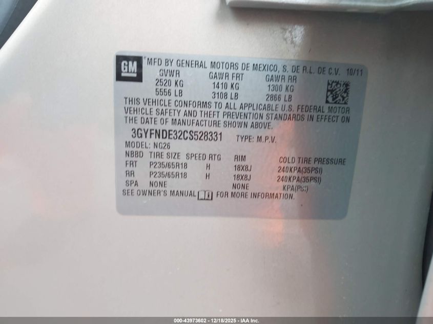 2012 Cadillac Srx Luxury Collection VIN: 3GYFNDE32CS528331 Lot: 43973602