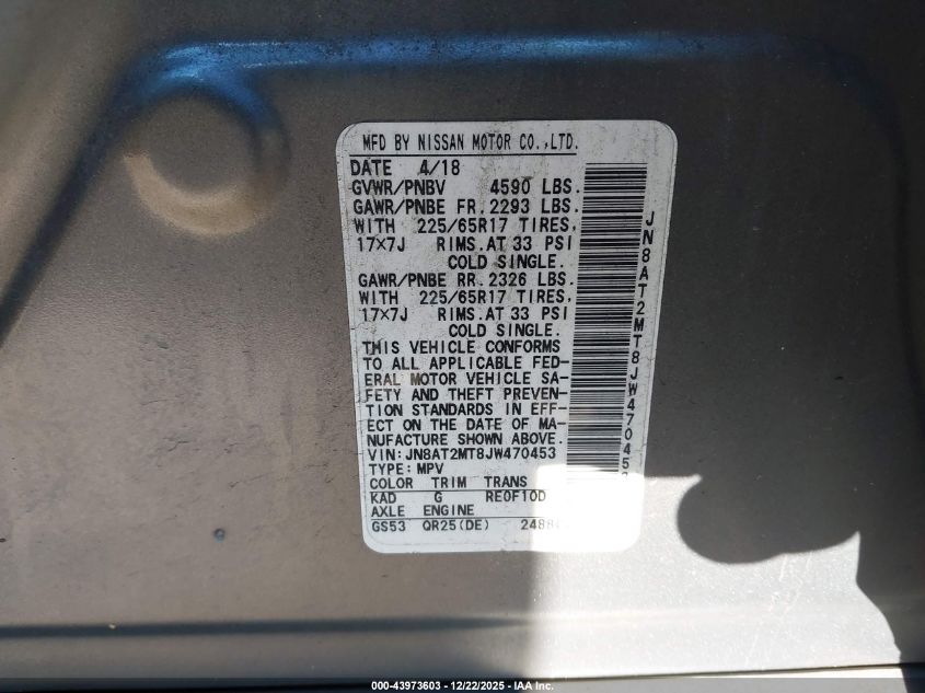 2018 Nissan Rogue S VIN: JN8AT2MT8JW470453 Lot: 43973603